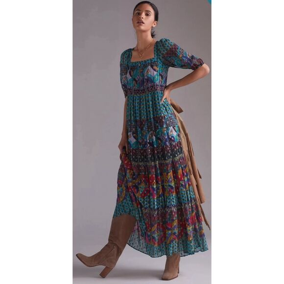 Anthropologie Abstract blue/green metallic maxi dress NWT - Picture 1 of 14